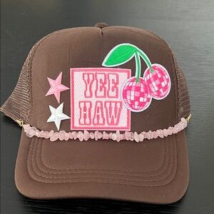 Brown Trucker Hat with Pink Cherry Patch - YEE HAW